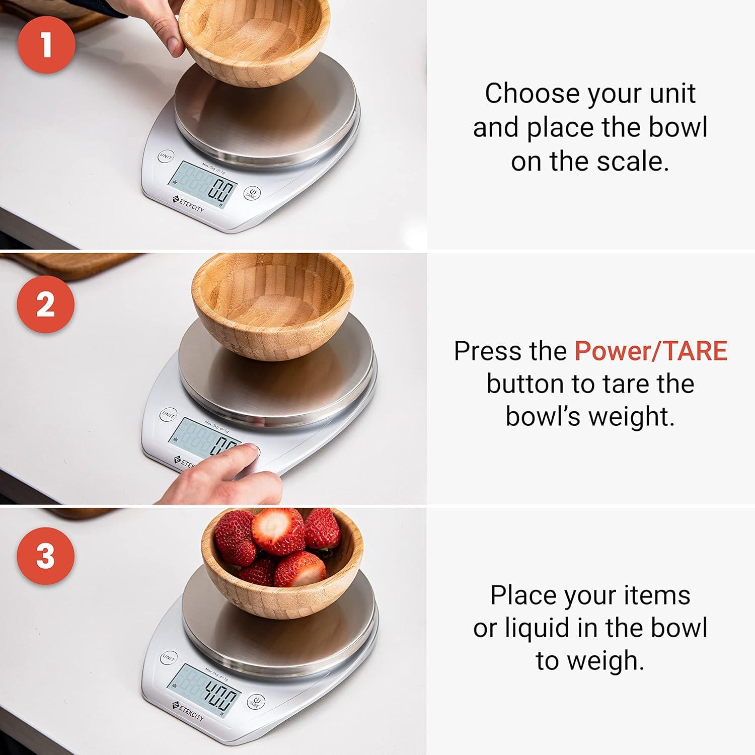 Etekcity Food Kitchen Scale With Bowl, Digital Ounces and Grams for Cooking, Baking, Meal Prep, Dieting, and Weight Loss, 11lb/5kg, Backlit Display(Arctic Sliver)