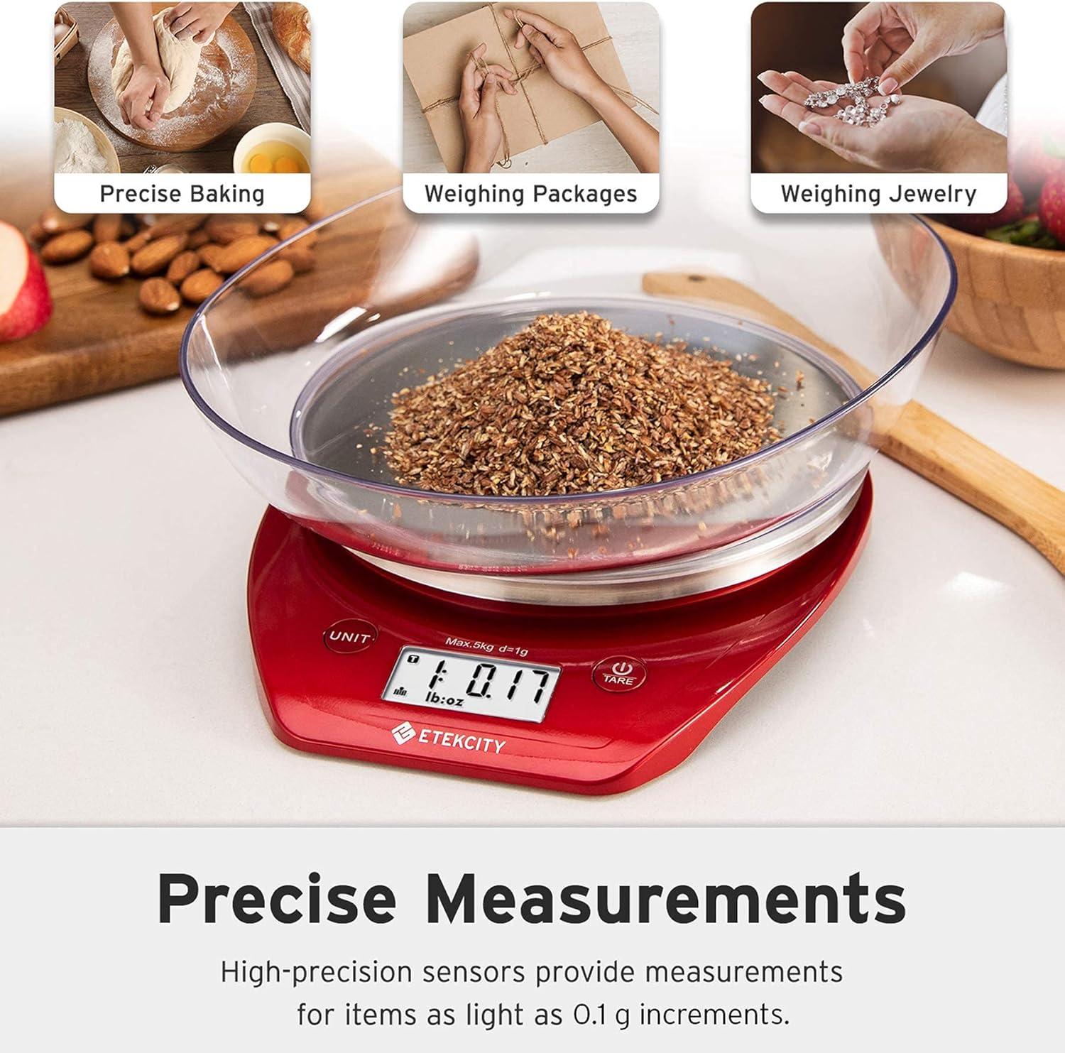 Etekcity Food Kitchen Scale With Bowl, Digital Ounces and Grams for Cooking, Baking, Meal Prep, Dieting, and Weight Loss, 11lb/5kg, Backlit Display(Chili Red)