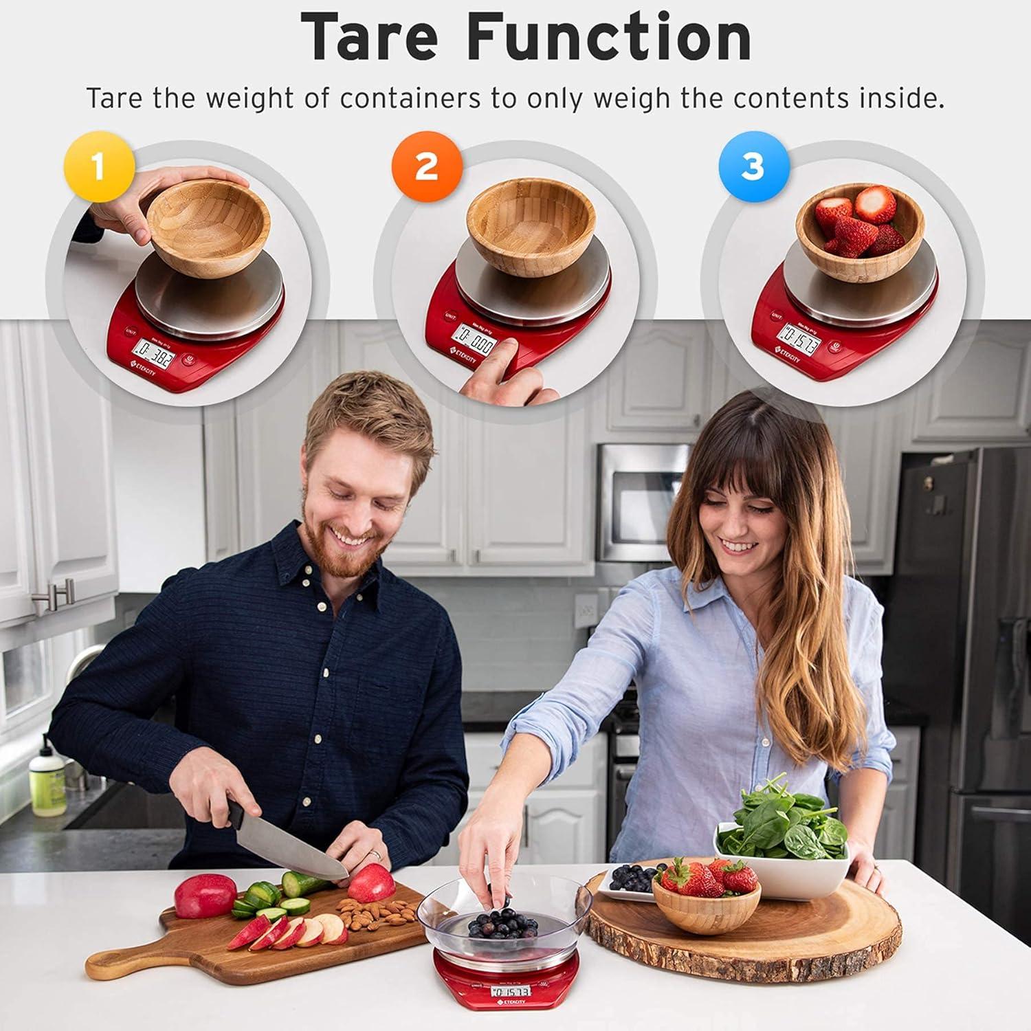 Etekcity Food Kitchen Scale With Bowl, Digital Ounces and Grams for Cooking, Baking, Meal Prep, Dieting, and Weight Loss, 11lb/5kg, Backlit Display(Chili Red)