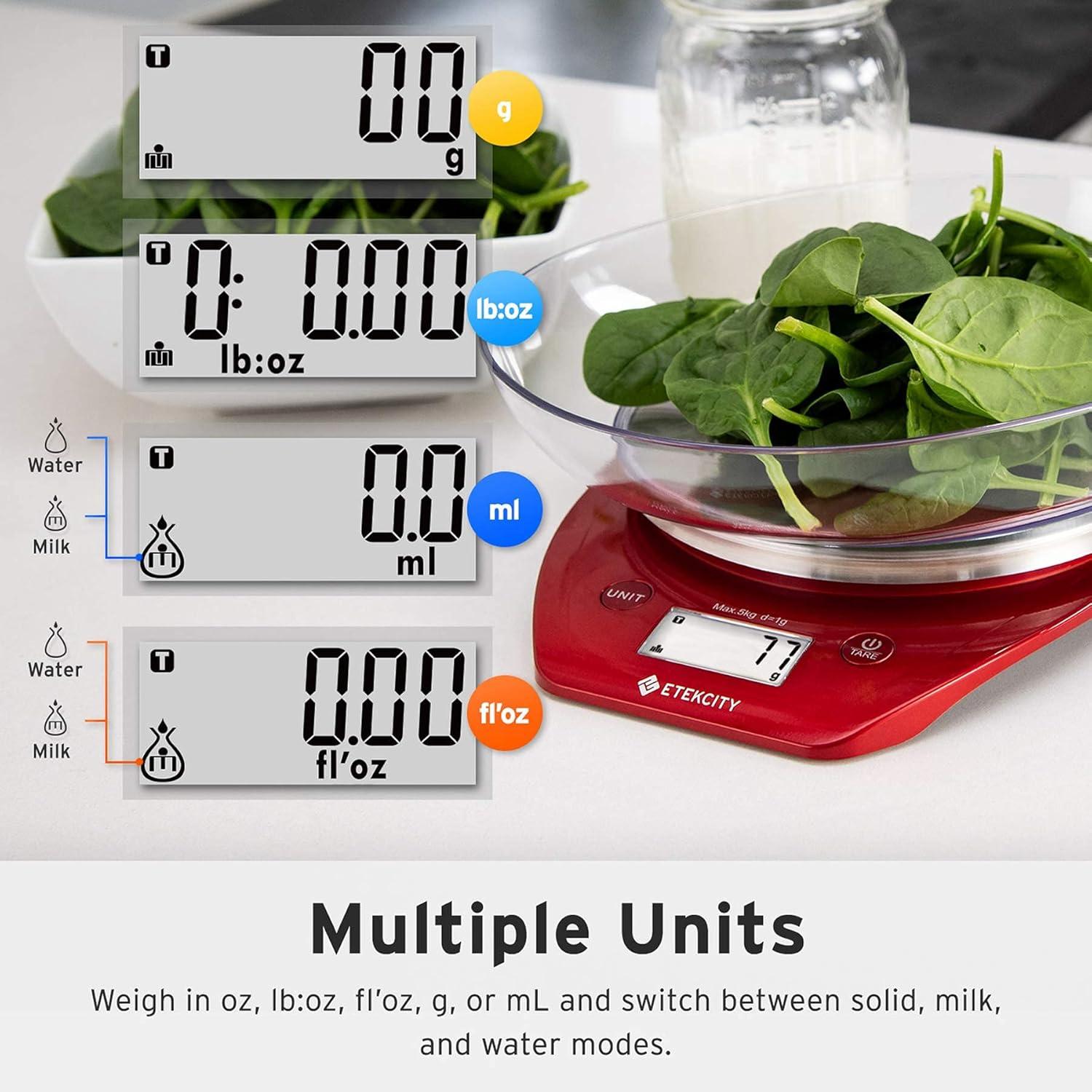 Etekcity Food Kitchen Scale With Bowl, Digital Ounces and Grams for Cooking, Baking, Meal Prep, Dieting, and Weight Loss, 11lb/5kg, Backlit Display(Chili Red)