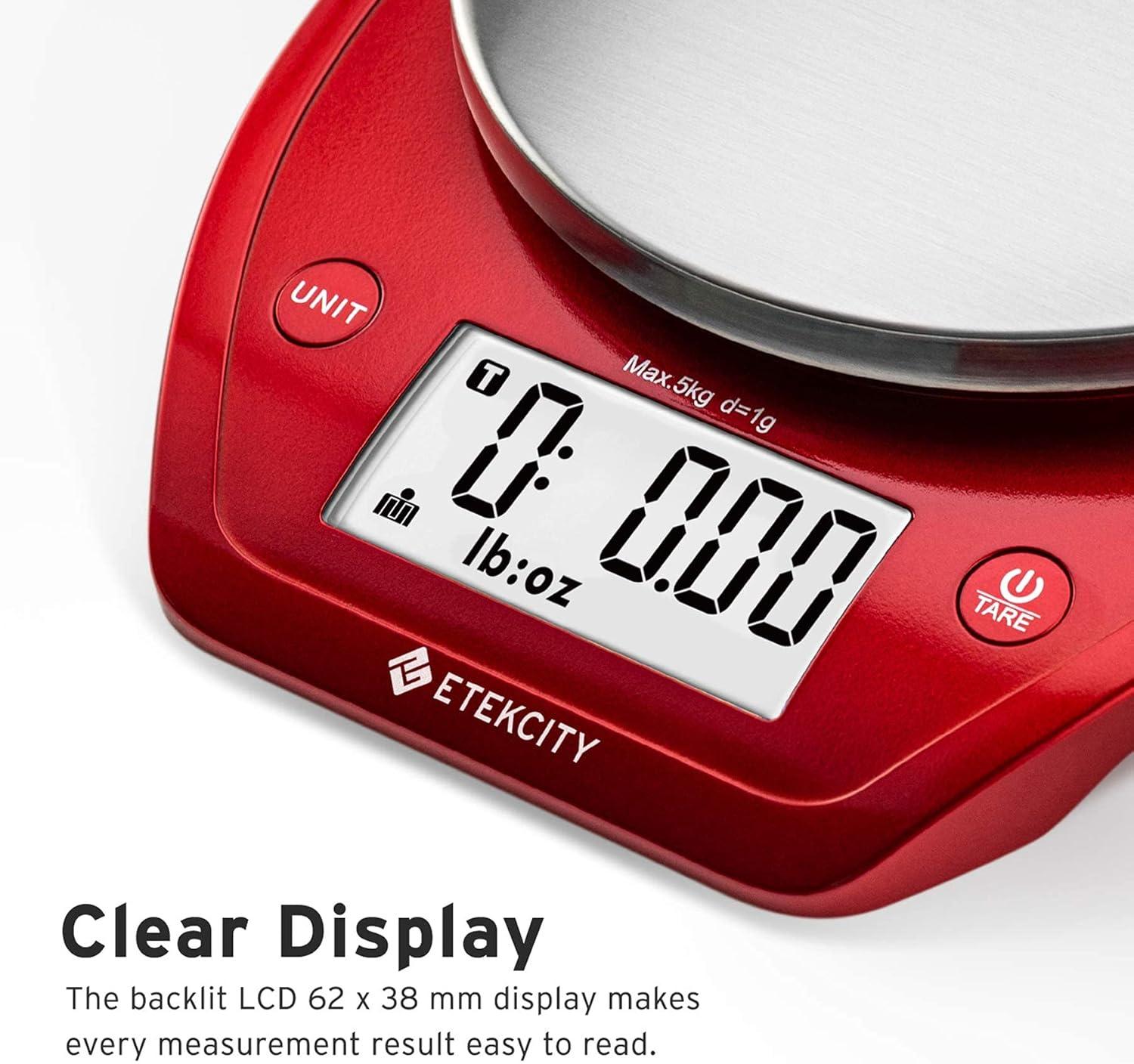 Etekcity Food Kitchen Scale With Bowl, Digital Ounces and Grams for Cooking, Baking, Meal Prep, Dieting, and Weight Loss, 11lb/5kg, Backlit Display(Chili Red)