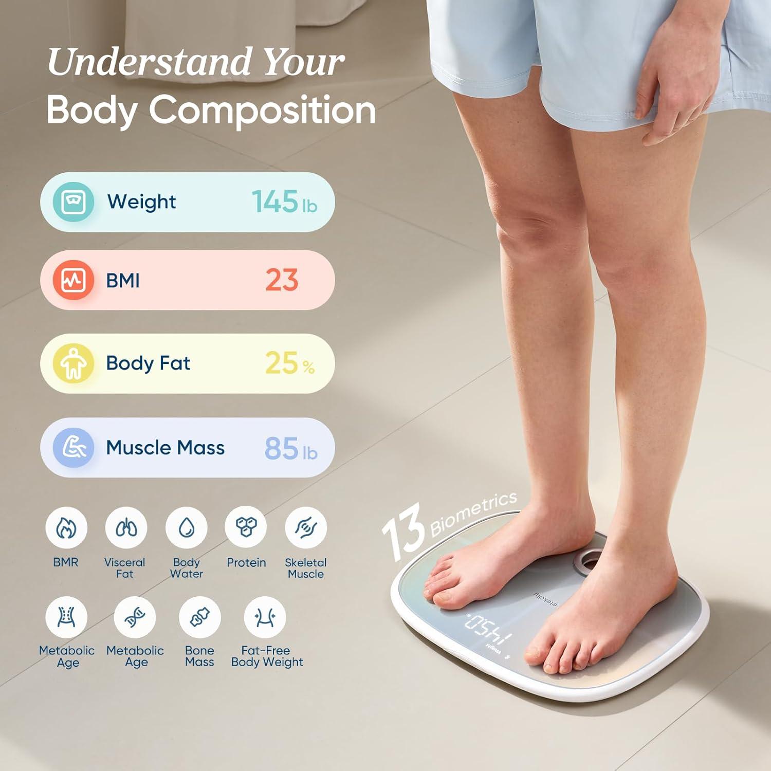Etekcity Smart Rechargeable Scale for Body Weight, BMI, Fat, Muscle Mass, FSA&HSA Eligible, Digital Bathroom Scale with 13 Metrics, Secret Mode, Bluetooth Connect to Free Apps, Rainbow White(Rainbow White)