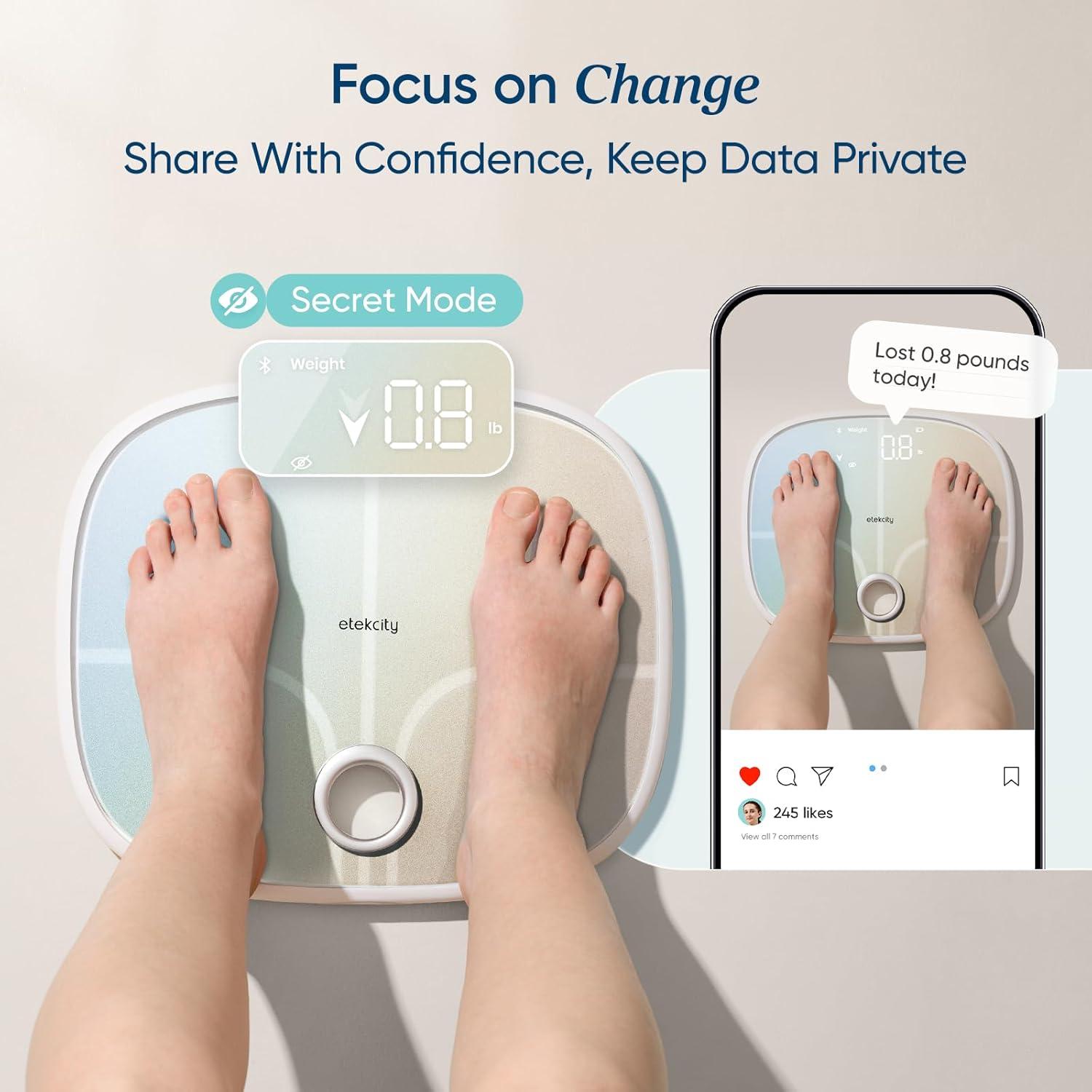 Etekcity Smart Rechargeable Scale for Body Weight, BMI, Fat, Muscle Mass, FSA&HSA Eligible, Digital Bathroom Scale with 13 Metrics, Secret Mode, Bluetooth Connect to Free Apps, Rainbow White(Rainbow White)