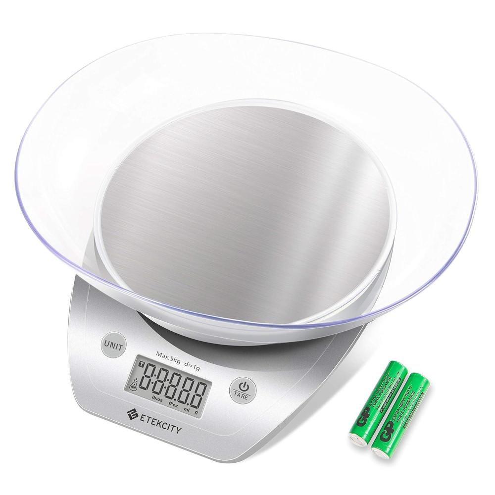 Etekcity Food Kitchen Scale Bowl, Digital Ounces and Grams for Cooking, Baking, Meal Prep, Dieting, and Weight Loss, 11lb/5kg, Silver(Silver)