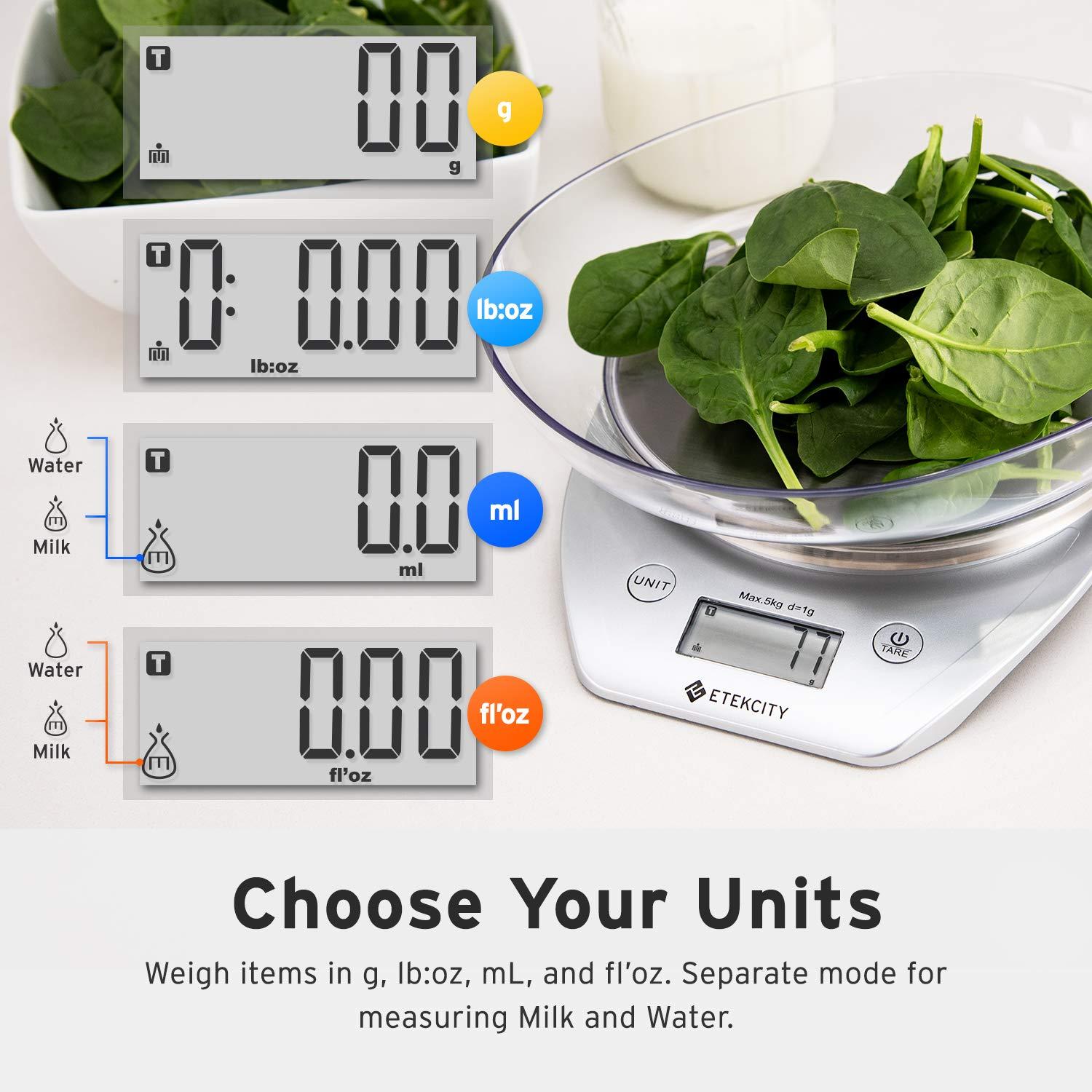 Etekcity Food Kitchen Scale Bowl, Digital Ounces and Grams for Cooking, Baking, Meal Prep, Dieting, and Weight Loss, 11lb/5kg, Silver(Silver)