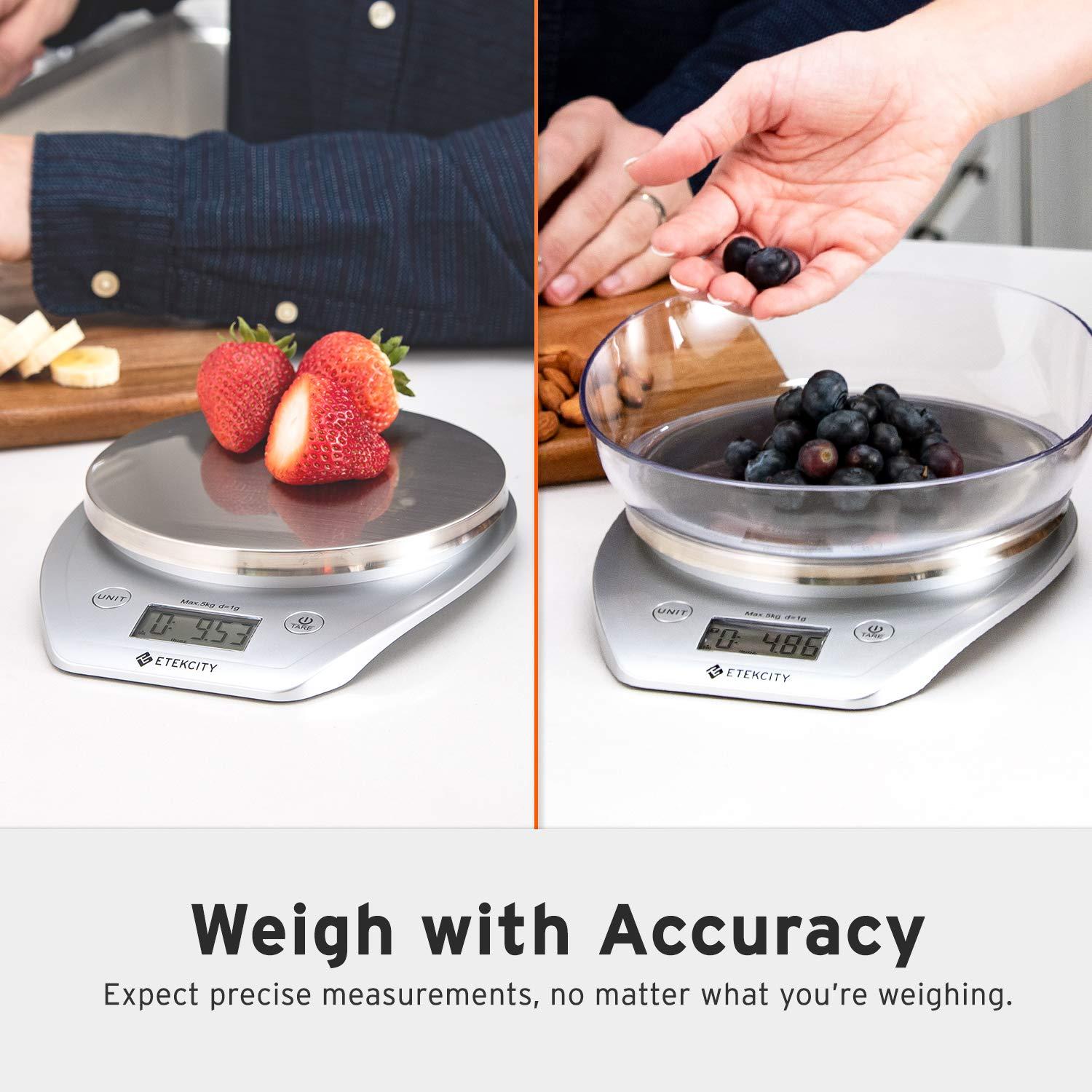 Etekcity Food Kitchen Scale Bowl, Digital Ounces and Grams for Cooking, Baking, Meal Prep, Dieting, and Weight Loss, 11lb/5kg, Silver(Silver)