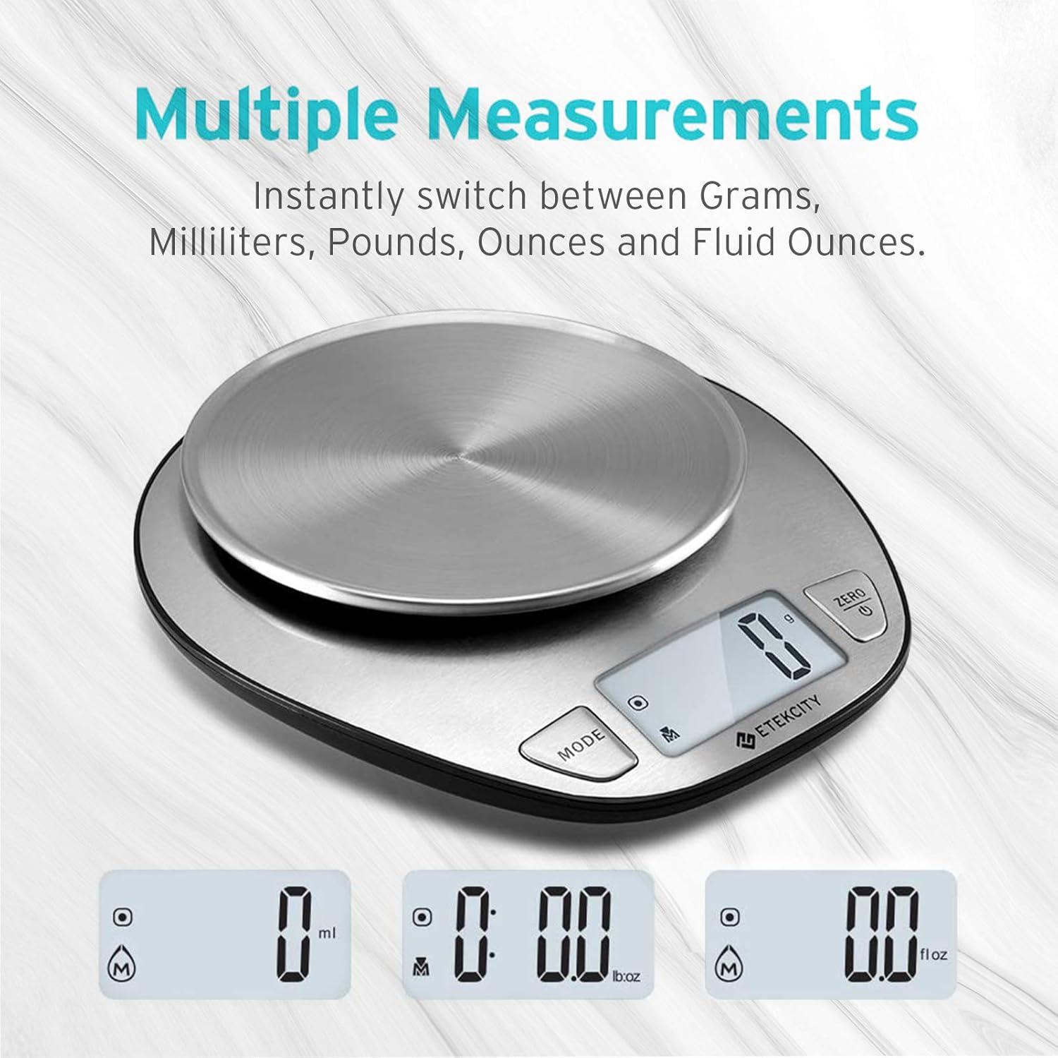 Etekcity 11lb/5kg Stainless Steel Digital Kitchen Food Scales, with Liquid Volume Measurement Function, Auto Zero/Tare and Large Backlight LCD Display, Silver(Basic-1 g round)