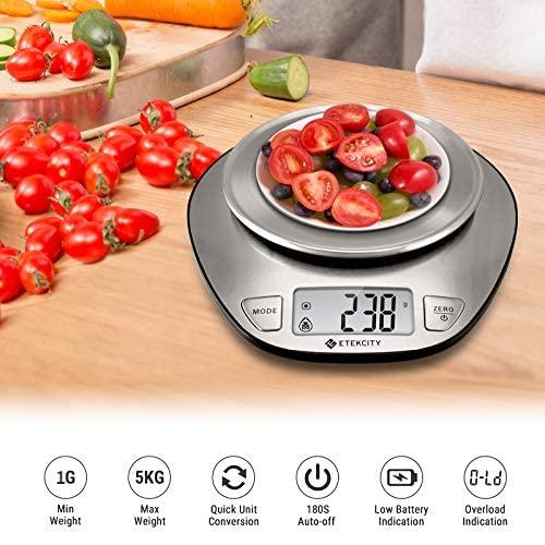 Etekcity 11lb/5kg Stainless Steel Digital Kitchen Food Scales, with Liquid Volume Measurement Function, Auto Zero/Tare and Large Backlight LCD Display, Silver(Basic-1 g round)