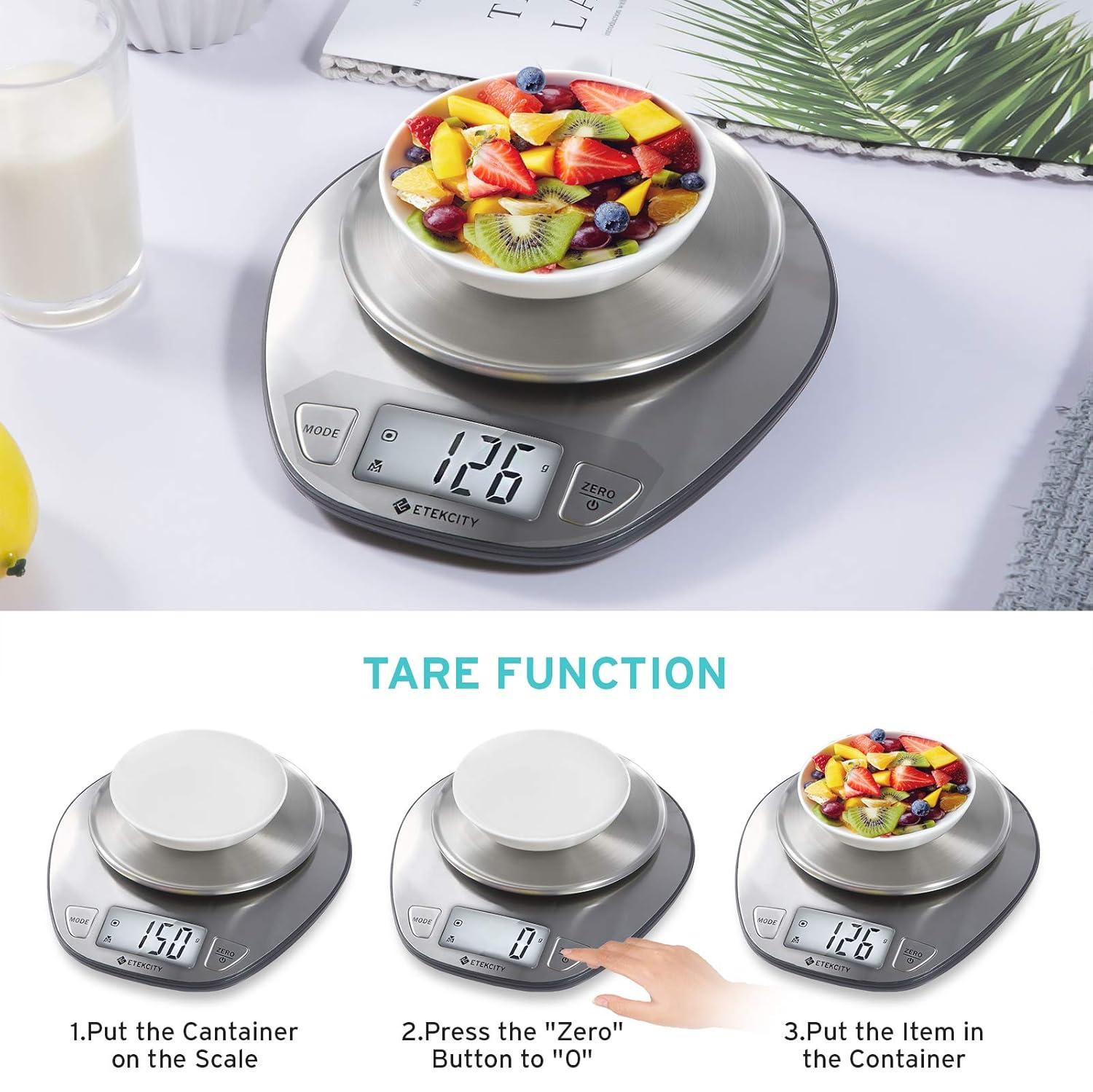 Etekcity 11lb/5kg Stainless Steel Digital Kitchen Food Scales, with Liquid Volume Measurement Function, Auto Zero/Tare and Large Backlight LCD Display, Silver(Basic-1 g round)