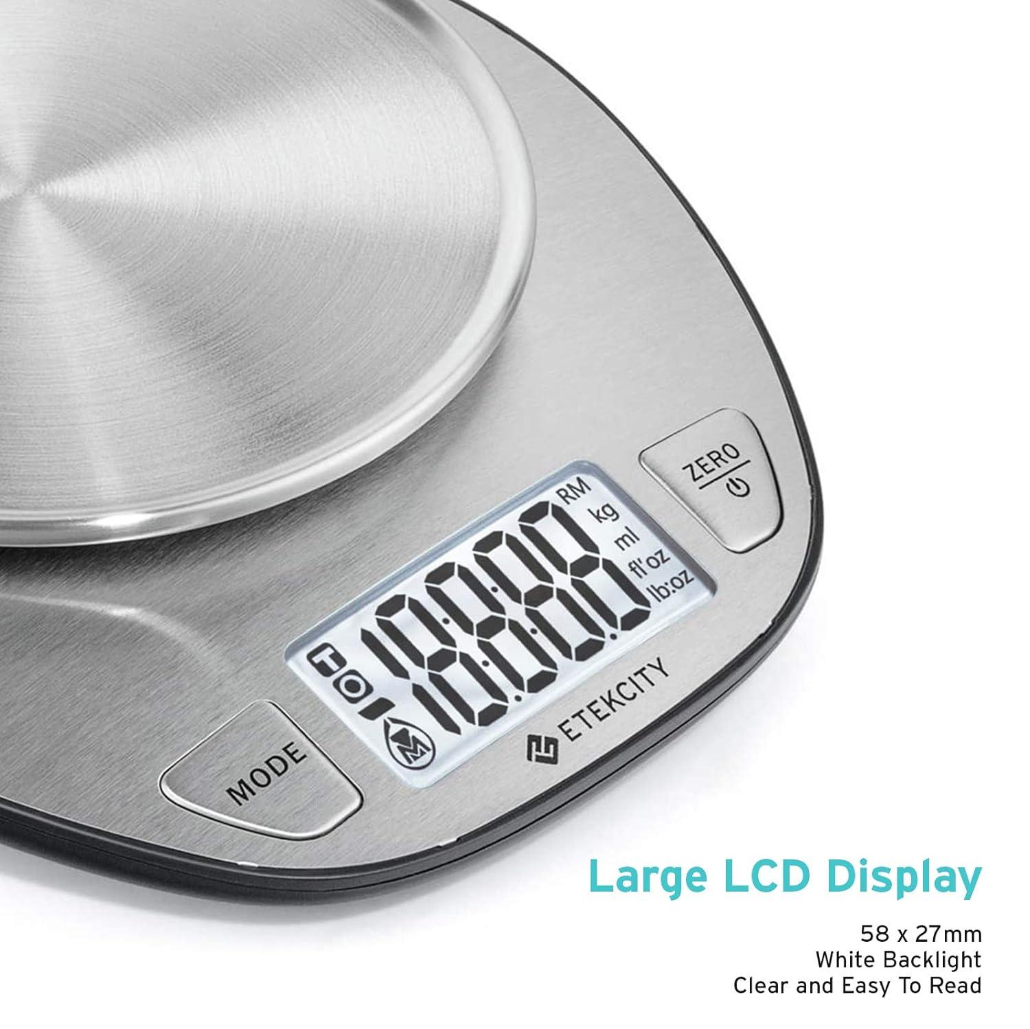 Etekcity 11lb/5kg Stainless Steel Digital Kitchen Food Scales, with Liquid Volume Measurement Function, Auto Zero/Tare and Large Backlight LCD Display, Silver(Basic-1 g round)