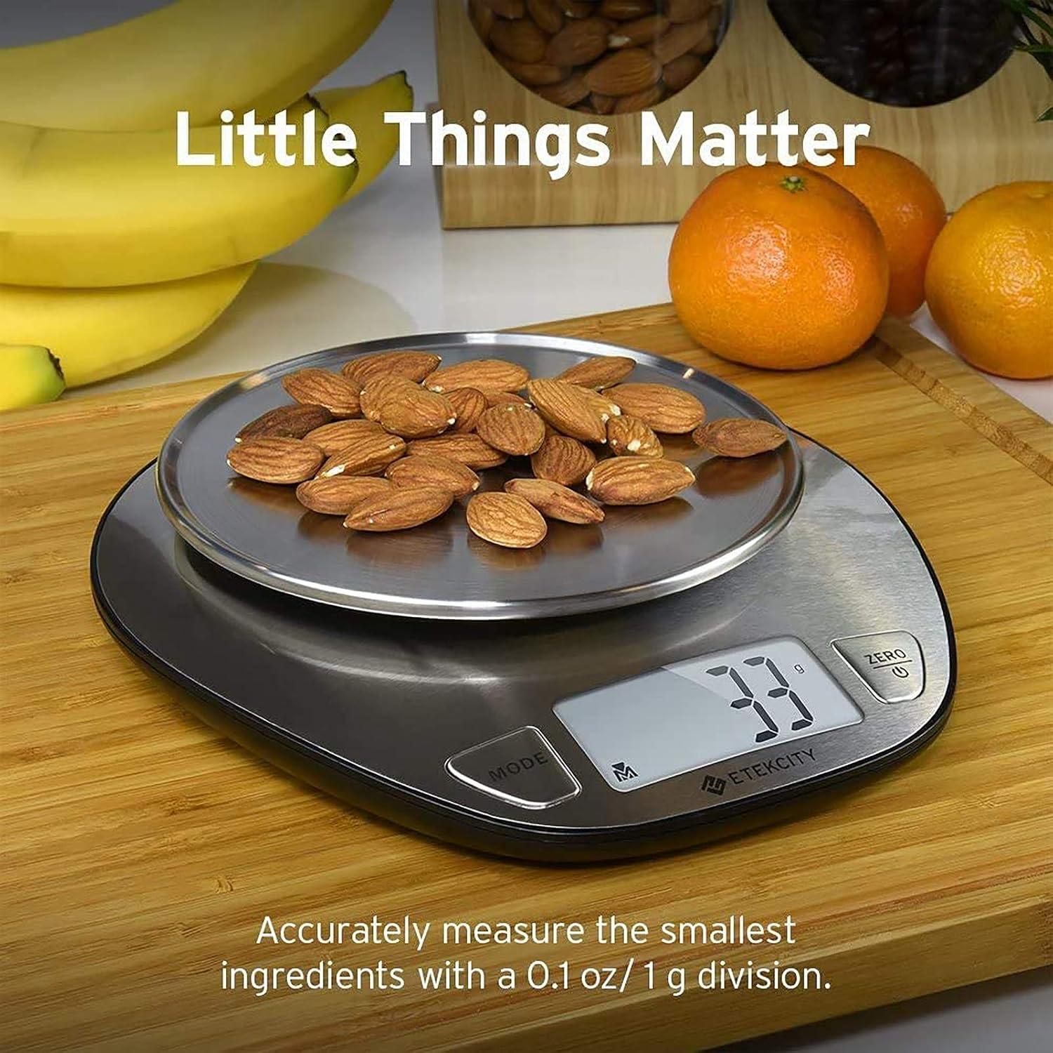 Etekcity 11lb/5kg Stainless Steel Digital Kitchen Food Scales, with Liquid Volume Measurement Function, Auto Zero/Tare and Large Backlight LCD Display, Silver(Basic-1 g round)