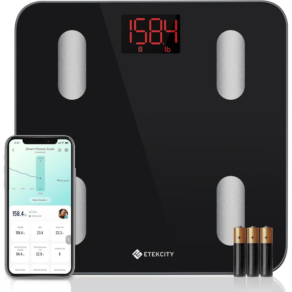 Etekcity Scales for Body Weight, Bathroom Digital Weight Scale for Body Fat, Smart Bluetooth Scale for BMI, and Weight Loss, Sync 13 Data with Other Fitness Apps, Black, 11×11 Inch