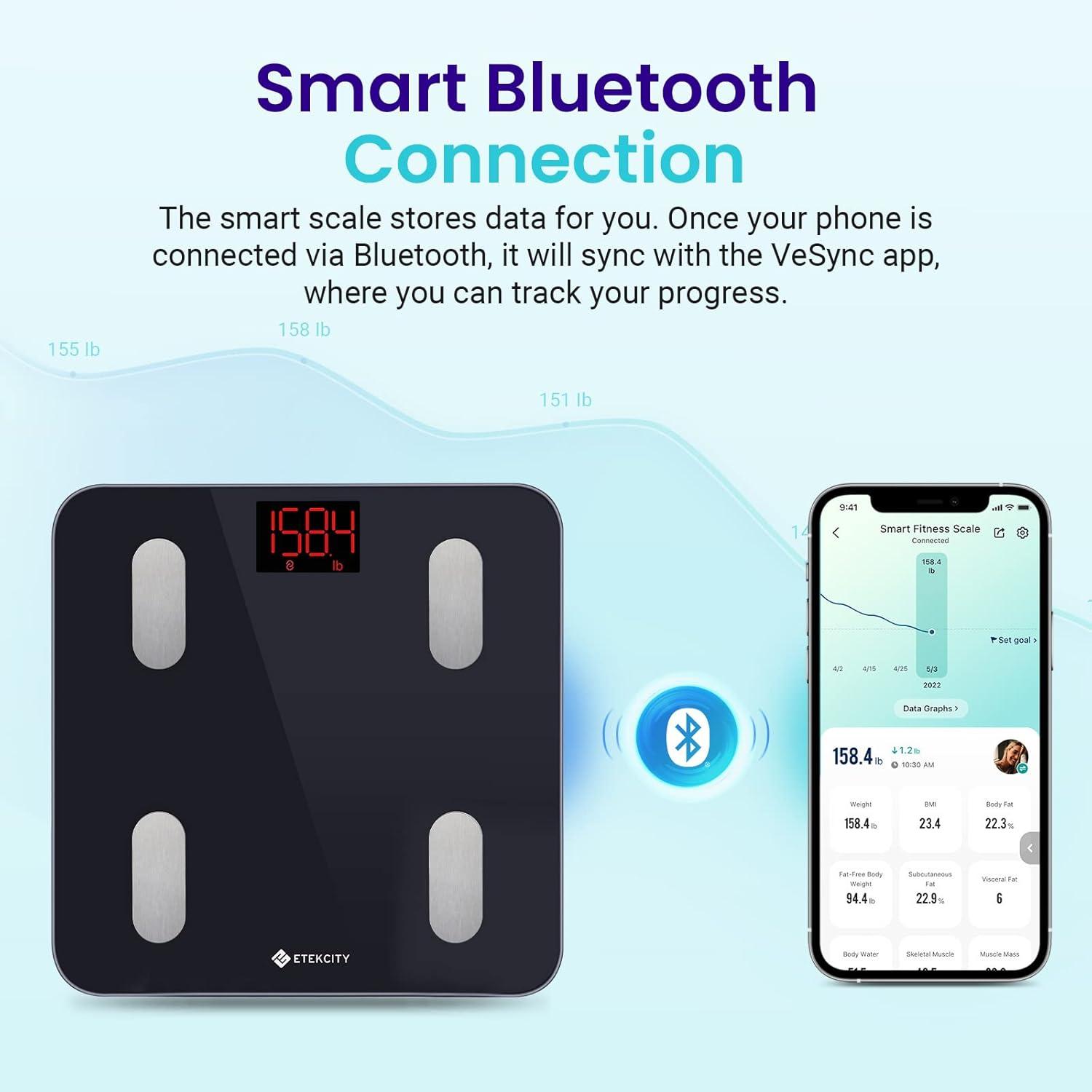 Etekcity Scales for Body Weight, Bathroom Digital Weight Scale for Body Fat, Smart Bluetooth Scale for BMI, and Weight Loss, Sync 13 Data with Other Fitness Apps, Black, 11×11 Inch