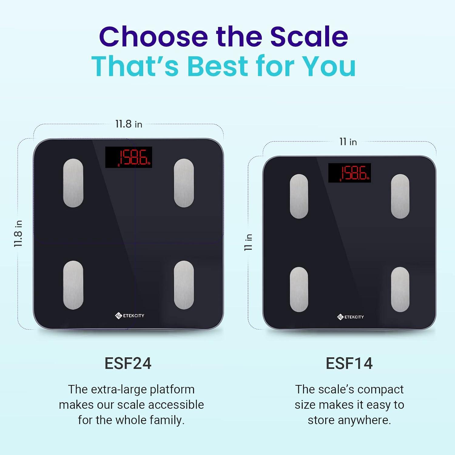 Etekcity Scales for Body Weight, Bathroom Digital Weight Scale for Body Fat, Smart Bluetooth Scale for BMI, and Weight Loss, Sync 13 Data with Other Fitness Apps, Black, 11×11 Inch