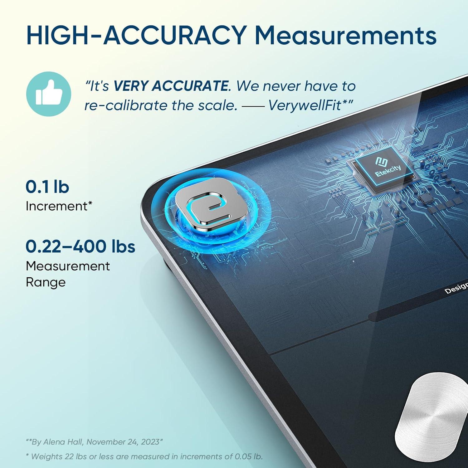 Etekcity Smart Scale for Body Weight, FSA&HSA Eligible, Bathroom Digital Weighing Scale with BMI, Body Fat, Muscle Mass, Accurate Bluetooth Home User Health Equipment Sync Apps, LED, Tempered glass(Black)