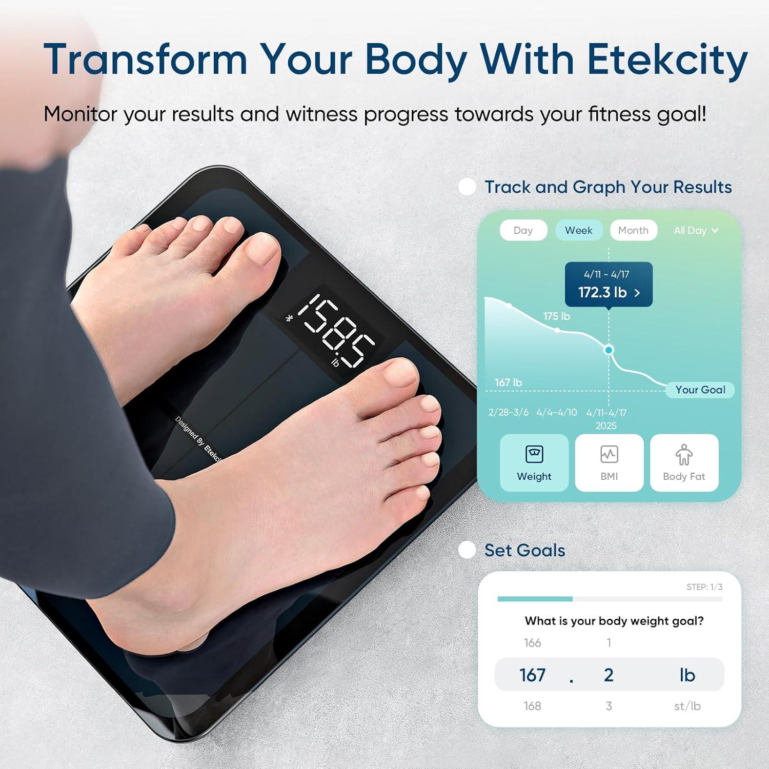 Etekcity Smart Scale for Body Weight, FSA&HSA Eligible, Bathroom Digital Weighing Scale with BMI, Body Fat, Muscle Mass, Accurate Bluetooth Home User Health Equipment Sync Apps, LED, Tempered glass(Black)