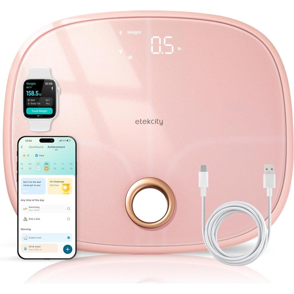 Etekcity Smart Scale for Body Weight, FSA&HSA Eligible, Bathroom Digital Weighing Scale with BMI, Body Fat, Muscle Mass, Accurate Bluetooth Home User Health Equipment Sync Apps, LED, Tempered glass(Pink)