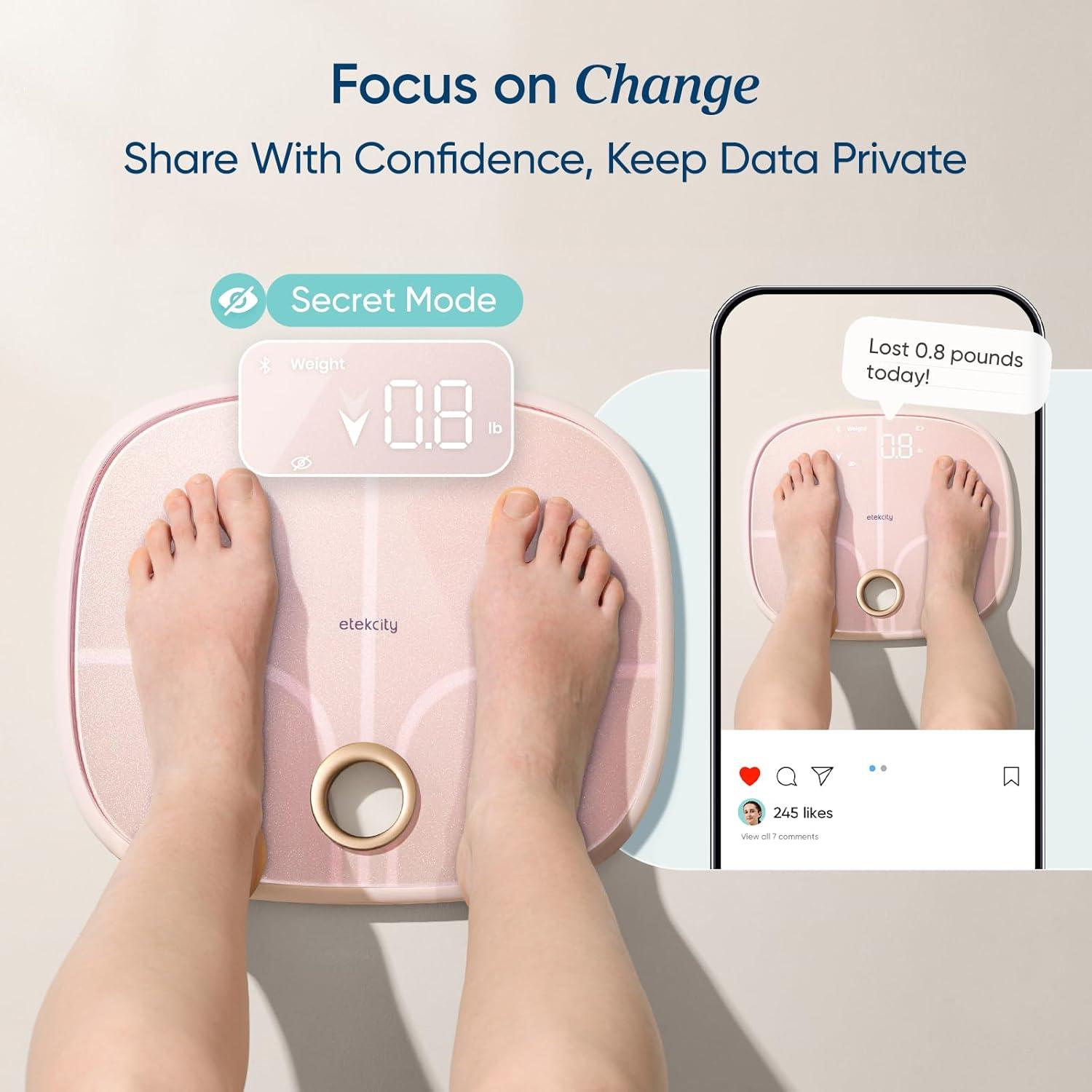 Etekcity Smart Scale for Body Weight, FSA&HSA Eligible, Bathroom Digital Weighing Scale with BMI, Body Fat, Muscle Mass, Accurate Bluetooth Home User Health Equipment Sync Apps, LED, Tempered glass(Pink)
