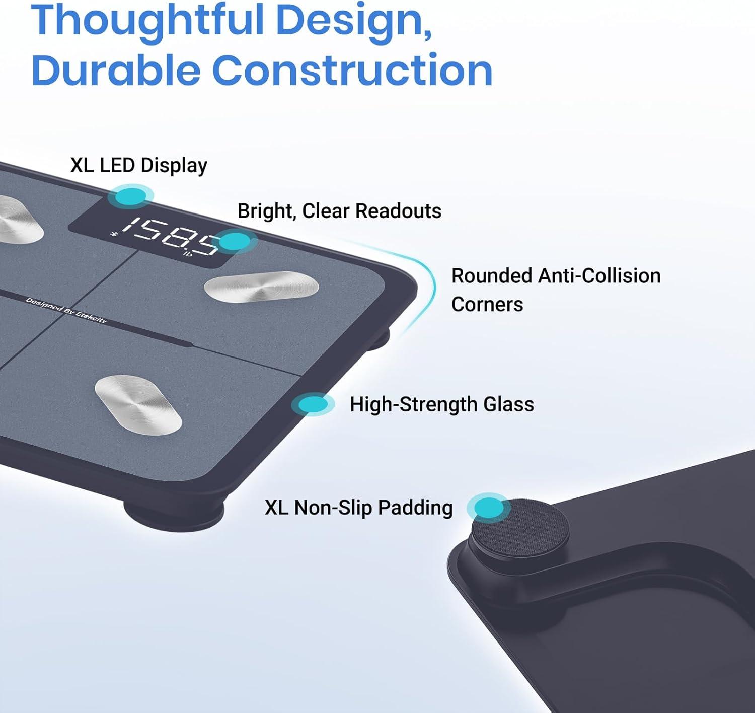 Etekcity Smart Scale for Body Weight, FSA&HSA Eligible, Bathroom Digital Weighing Scale with BMI, Body Fat, Muscle Mass, Accurate Bluetooth Home User Health Equipment Sync Apps, LED, Tempered glass(Blue)