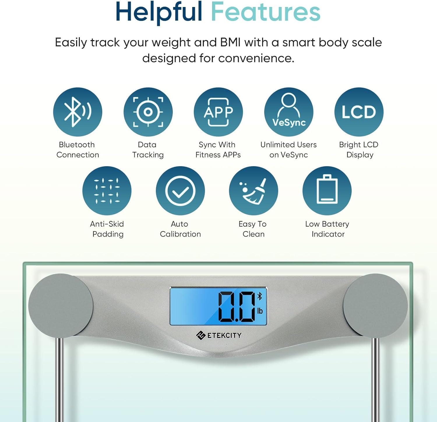 Etekcity FSA&HSA Eligible Smart Scale for Body Weight Fat, Digital Weighing Machine for Accurate BMI Muscle Mass Composition, Apple Health Compatible Fitness Equipment,TFT,‎Tempered Glass,Black(Satin Silver)