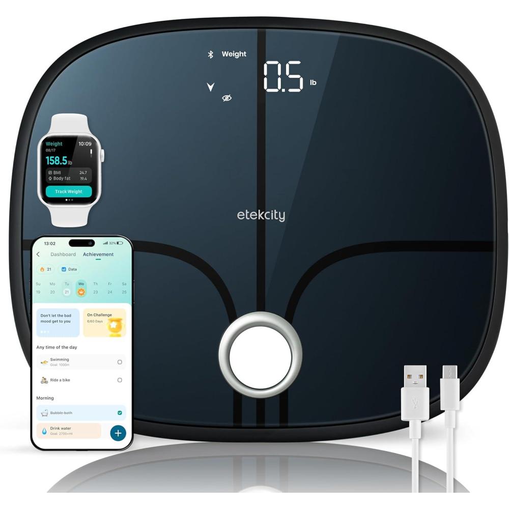 Etekcity Smart Scale for Body Weight, FSA&HSA Eligible, Bathroom Digital Weighing Scale with BMI, Body Fat, Muscle Mass, Accurate Bluetooth Home User Health Equipment Sync Apps, LED, Tempered glass(Dark Black)