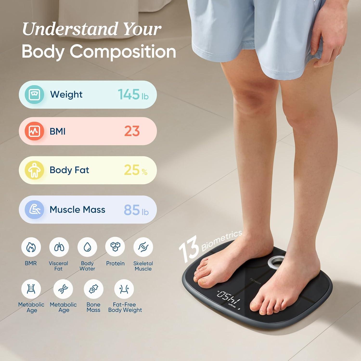 Etekcity Smart Scale for Body Weight, FSA&HSA Eligible, Bathroom Digital Weighing Scale with BMI, Body Fat, Muscle Mass, Accurate Bluetooth Home User Health Equipment Sync Apps, LED, Tempered glass(Dark Black)
