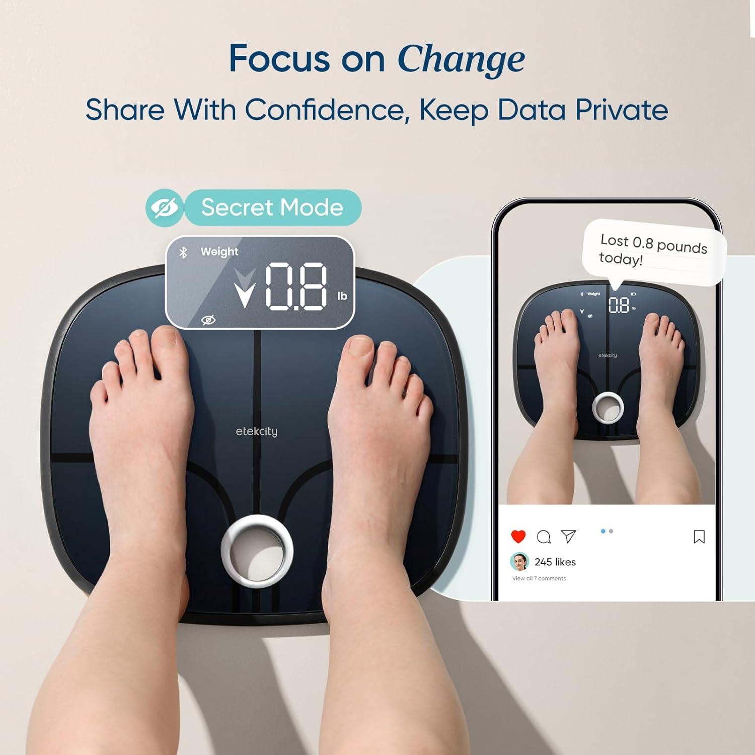 Etekcity Smart Scale for Body Weight, FSA&HSA Eligible, Bathroom Digital Weighing Scale with BMI, Body Fat, Muscle Mass, Accurate Bluetooth Home User Health Equipment Sync Apps, LED, Tempered glass(Dark Black)