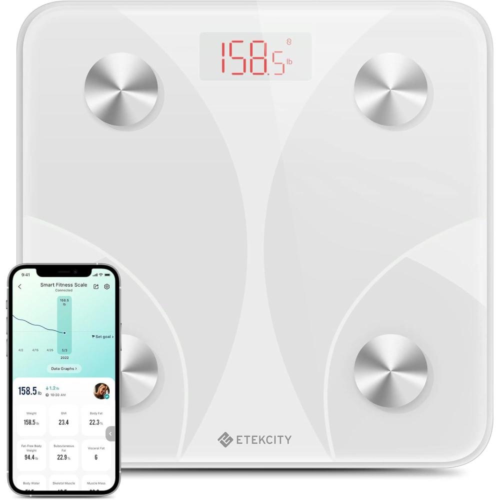 Etekcity Smart Scale for Body Weight, FSA&HSA Eligible, Bathroom Digital Weighing Scale with BMI, Body Fat, Muscle Mass, Accurate Bluetooth Home User Health Equipment Sync Apps, LED, Tempered glass(White)