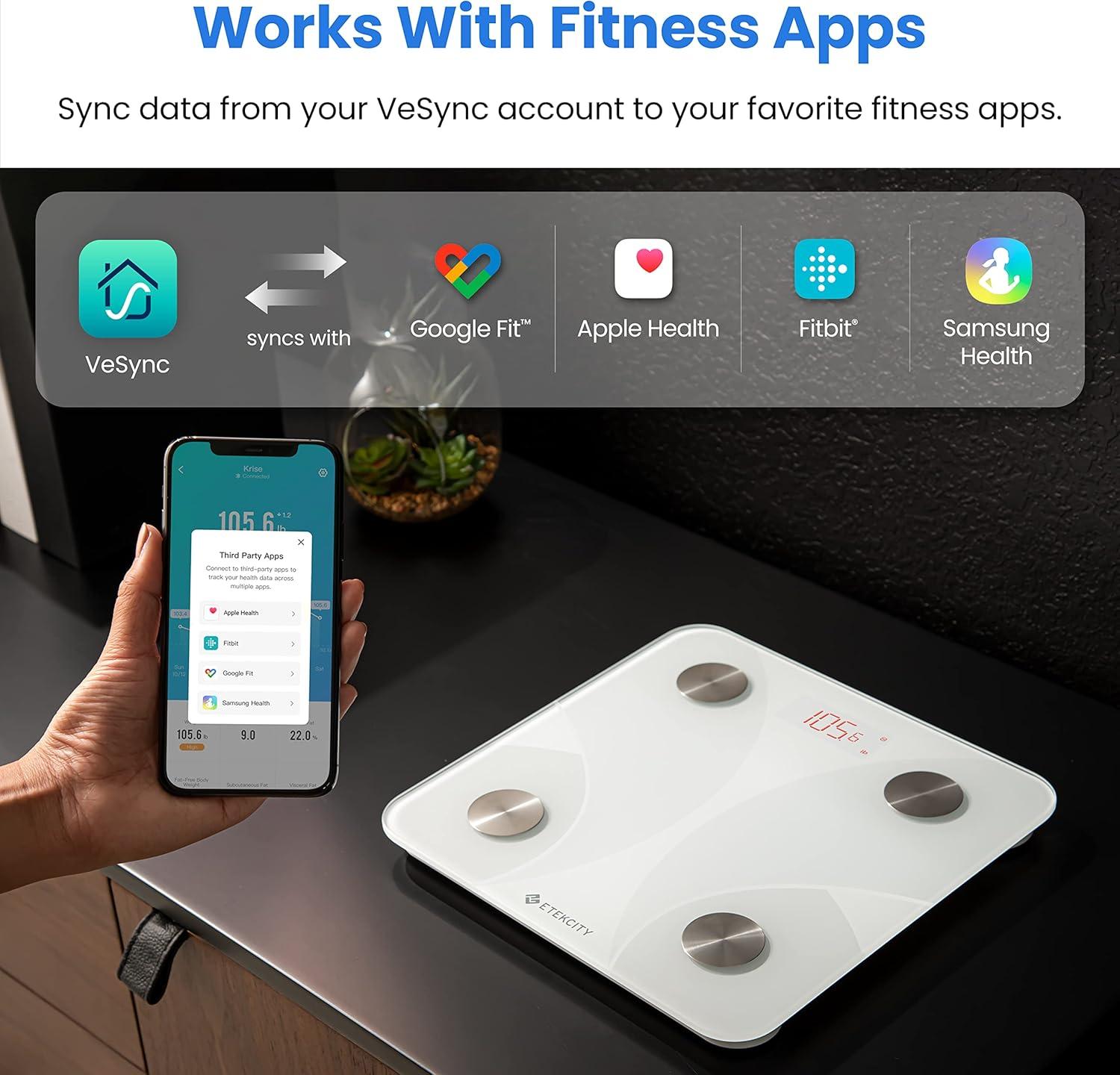 Etekcity Smart Scale for Body Weight, FSA&HSA Eligible, Bathroom Digital Weighing Scale with BMI, Body Fat, Muscle Mass, Accurate Bluetooth Home User Health Equipment Sync Apps, LED, Tempered glass(White)