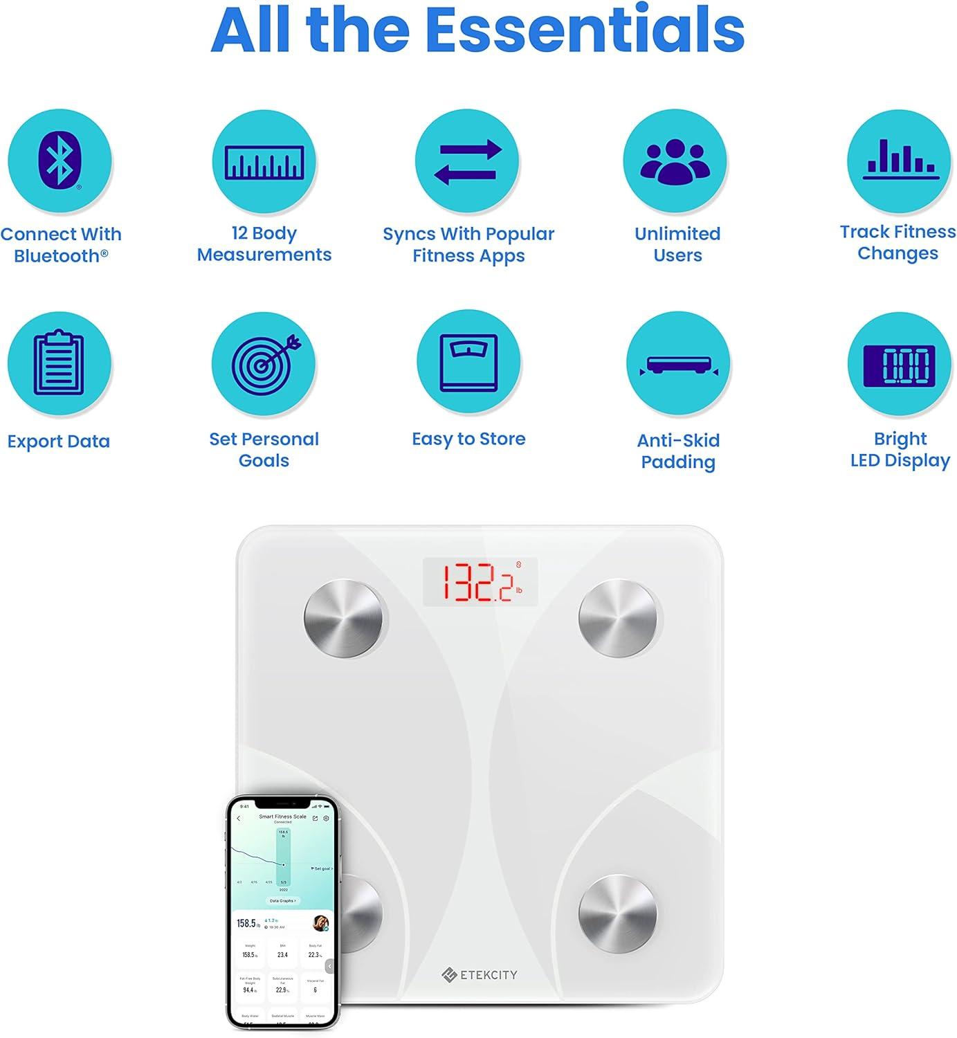 Etekcity Smart Scale for Body Weight, FSA&HSA Eligible, Bathroom Digital Weighing Scale with BMI, Body Fat, Muscle Mass, Accurate Bluetooth Home User Health Equipment Sync Apps, LED, Tempered glass(White)