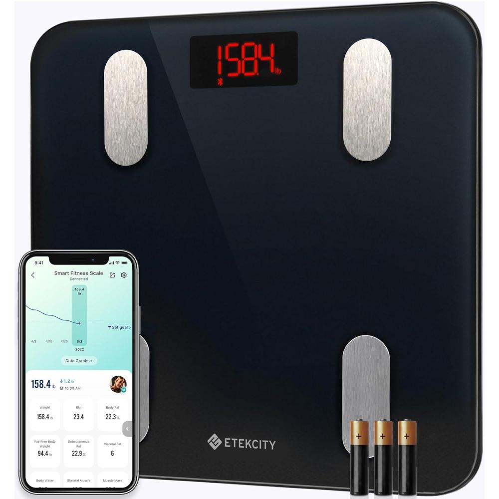 Etekcity Smart Scale for Body Weight, FSA&HSA Eligible, Bathroom Digital Weighing Scale with BMI, Body Fat, Muscle Mass, Accurate Bluetooth Home User Health Equipment Sync Apps, LED, Tempered glass(Classic Black)