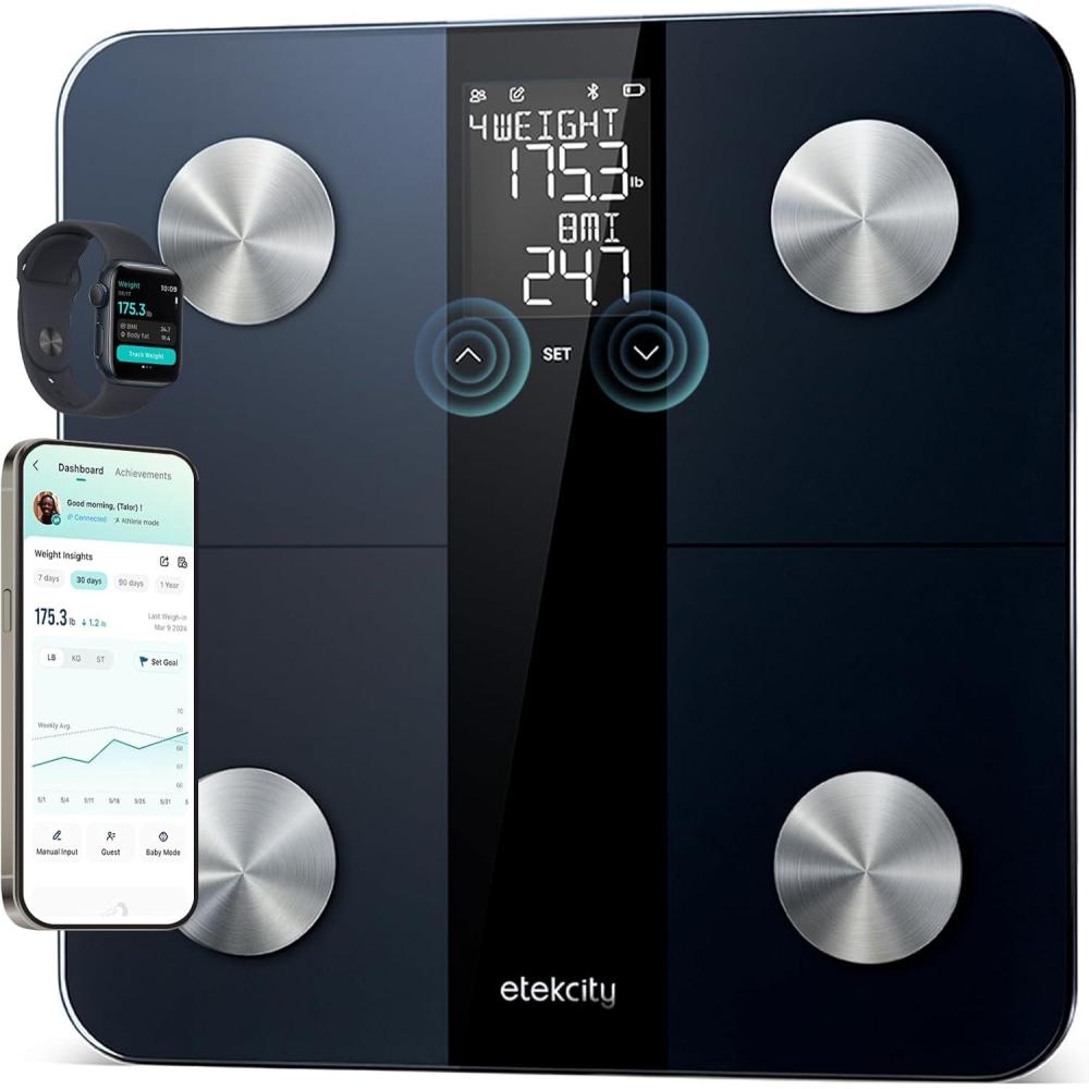 Etekcity Smart Scale for Body Weight, FSA&HSA Eligible, Bathroom Digital Weighing Scale with BMI, Body Fat, Muscle Mass, Accurate Bluetooth Home User Health Equipment Sync Apps, LED, Tempered glass(Ash Black)