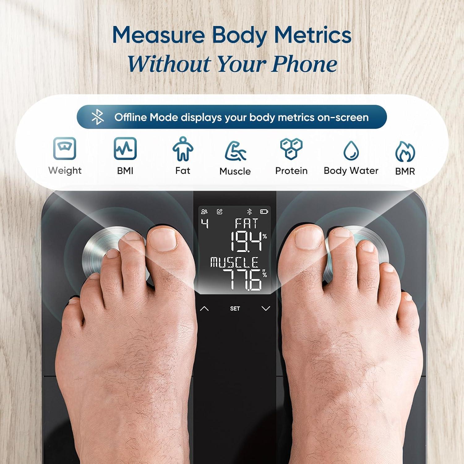 Etekcity Smart Scale for Body Weight, FSA&HSA Eligible, Bathroom Digital Weighing Scale with BMI, Body Fat, Muscle Mass, Accurate Bluetooth Home User Health Equipment Sync Apps, LED, Tempered glass(Ash Black)