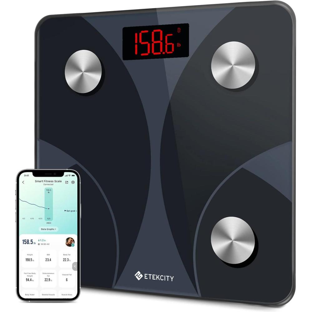 Etekcity Smart Scale for Body Weight, FSA&HSA Eligible, Bathroom Digital Weighing Scale with BMI, Body Fat, Muscle Mass, Accurate Bluetooth Home User Health Equipment Sync Apps, LED, Tempered glass(Textured Black)