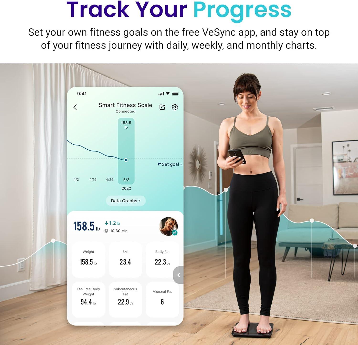 Etekcity Smart Scale for Body Weight, FSA&HSA Eligible, Bathroom Digital Weighing Scale with BMI, Body Fat, Muscle Mass, Accurate Bluetooth Home User Health Equipment Sync Apps, LED, Tempered glass(Textured Black)