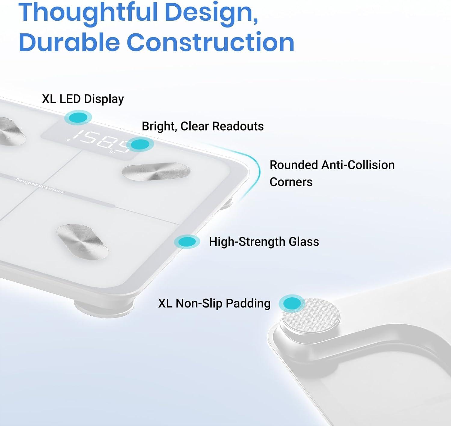 Etekcity Smart Scale for Body Weight, FSA&HSA Eligible, Bathroom Digital Weighing Scale with BMI, Body Fat, Muscle Mass, Accurate Bluetooth Home User Health Equipment Sync Apps, LED, Tempered glass(Snow White)