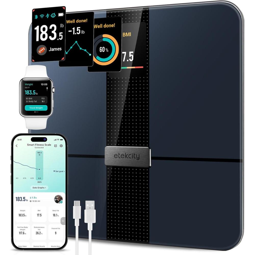 Etekcity FSA&HSA Eligible Smart Scale for Body Weight Fat, Digital Weighing Machine for Accurate BMI Muscle Mass Composition, Apple Health Compatible Fitness Equipment,TFT,‎Tempered Glass,Black(Black-Color Screen)