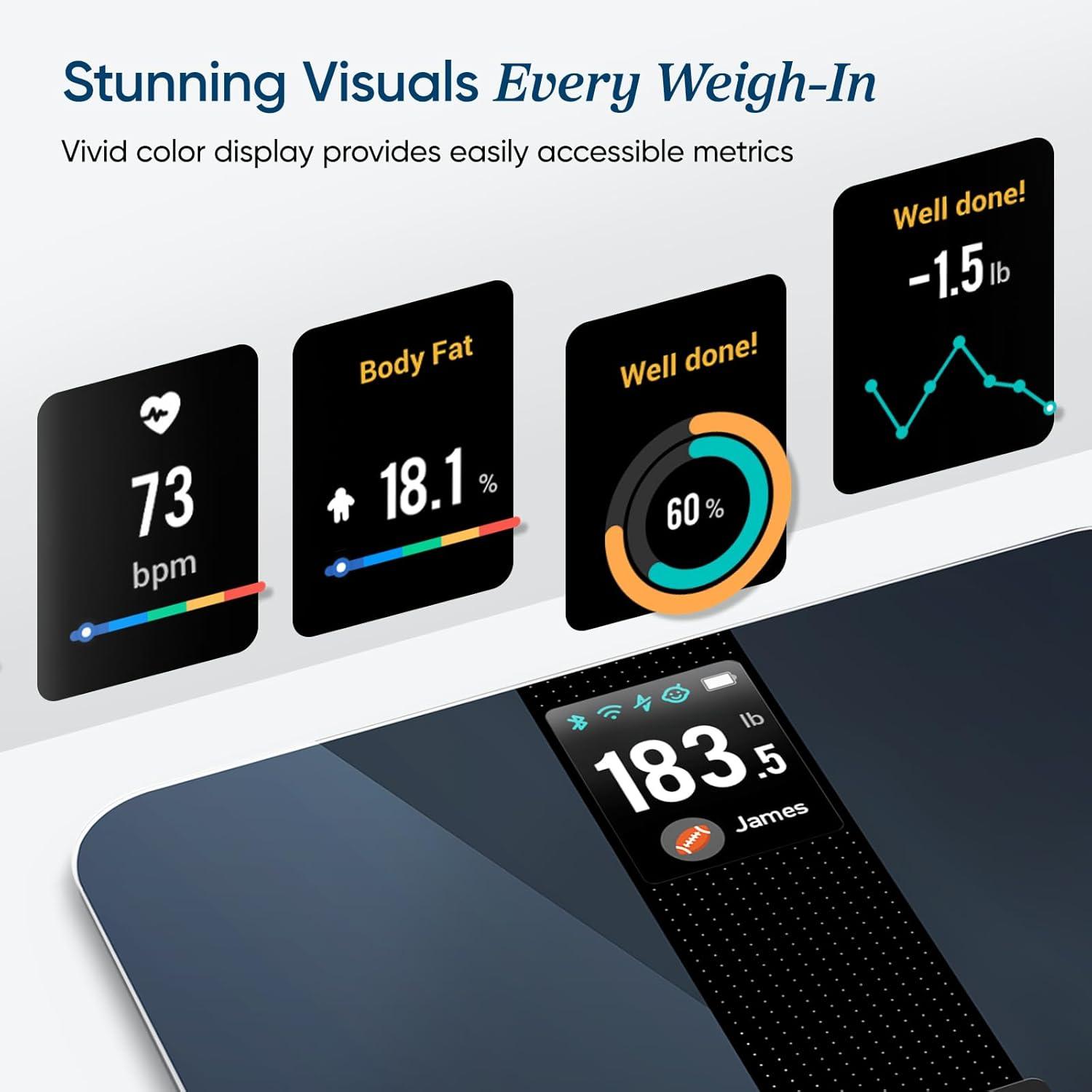 Etekcity FSA&HSA Eligible Smart Scale for Body Weight Fat, Digital Weighing Machine for Accurate BMI Muscle Mass Composition, Apple Health Compatible Fitness Equipment,TFT,‎Tempered Glass,Black(Black-Color Screen)