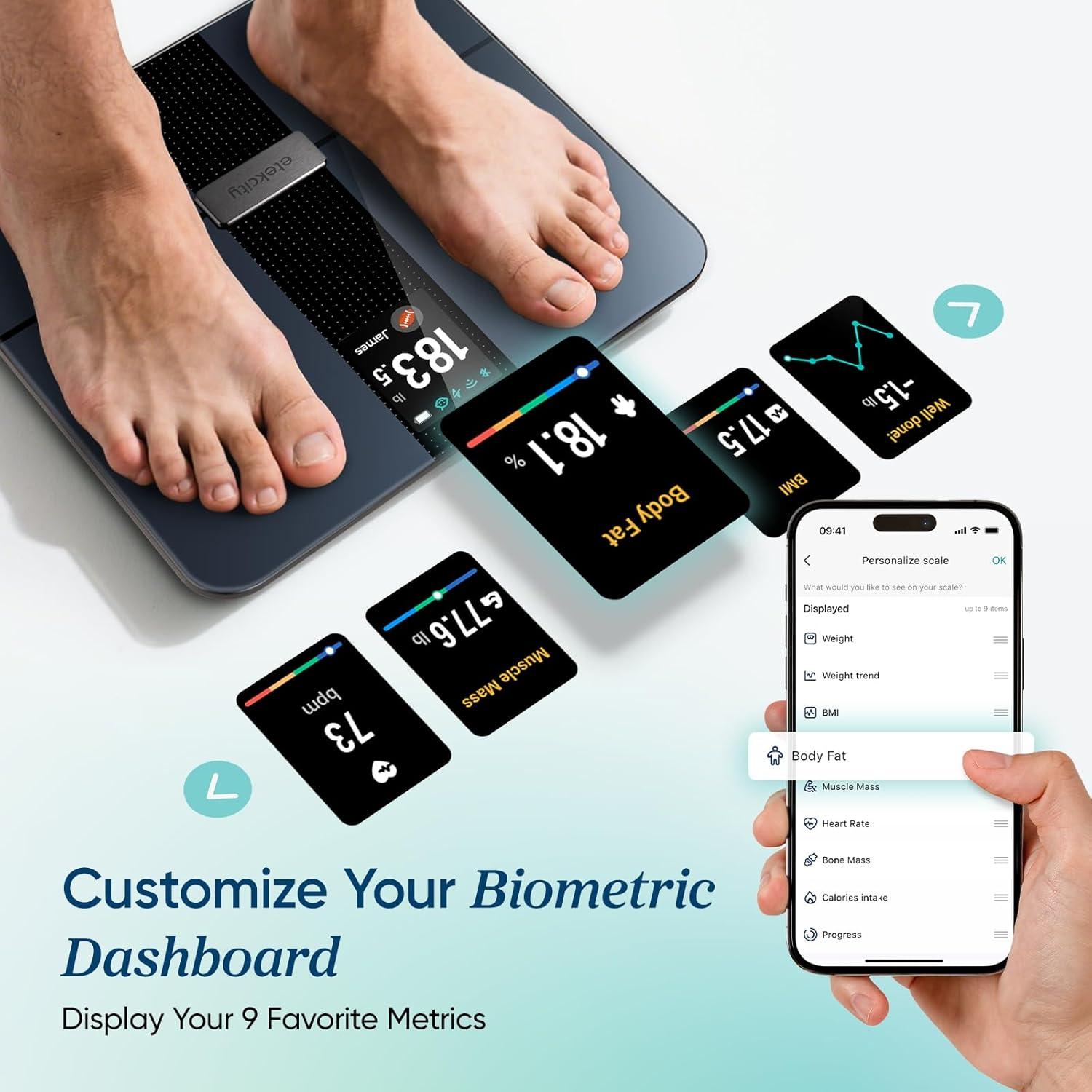 Etekcity FSA&HSA Eligible Smart Scale for Body Weight Fat, Digital Weighing Machine for Accurate BMI Muscle Mass Composition, Apple Health Compatible Fitness Equipment,TFT,‎Tempered Glass,Black(Black-Color Screen)