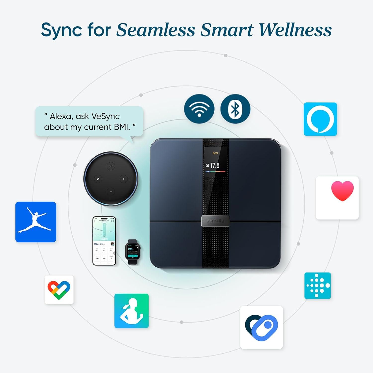 Etekcity FSA&HSA Eligible Smart Scale for Body Weight Fat, Digital Weighing Machine for Accurate BMI Muscle Mass Composition, Apple Health Compatible Fitness Equipment,TFT,‎Tempered Glass,Black(Black-Color Screen)