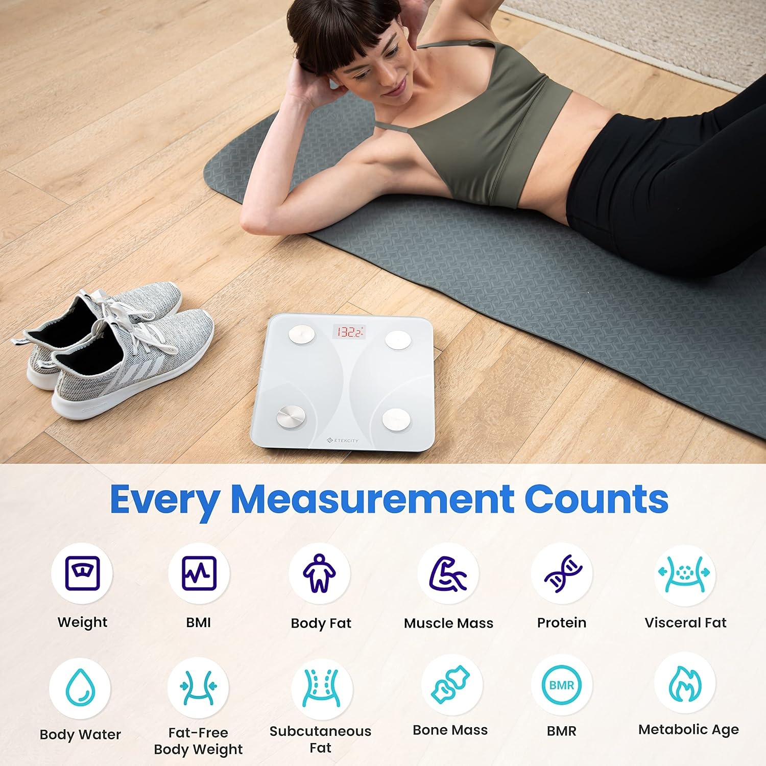 Etekcity WiFi 8-Electrode Smart Scale for Body Weight and Fat | Body Composition Scale with Color Handle Display, 50+ Metrics, 5-Segment Analysis, WiFi Auto Sync and USB-C Charging(White)