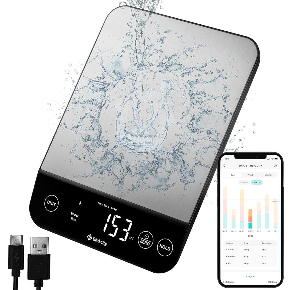 Etekcity Smart Food Kitchen Scale with Nutritional Calculator, Free App with 19 Nutrients Tracking, Calorie, Marco, Digital grams and ounces for weight loss, Premium Stainless Steel, 11lb(Luminary Stainless Steel)
