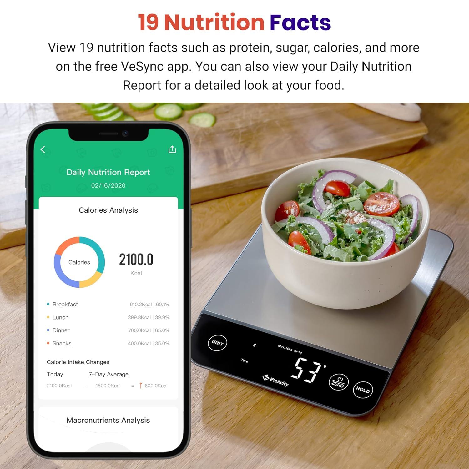 Etekcity Smart Food Kitchen Scale with Nutritional Calculator, Free App with 19 Nutrients Tracking, Calorie, Marco, Digital grams and ounces for weight loss, Premium Stainless Steel, 11lb(Luminary Stainless Steel)