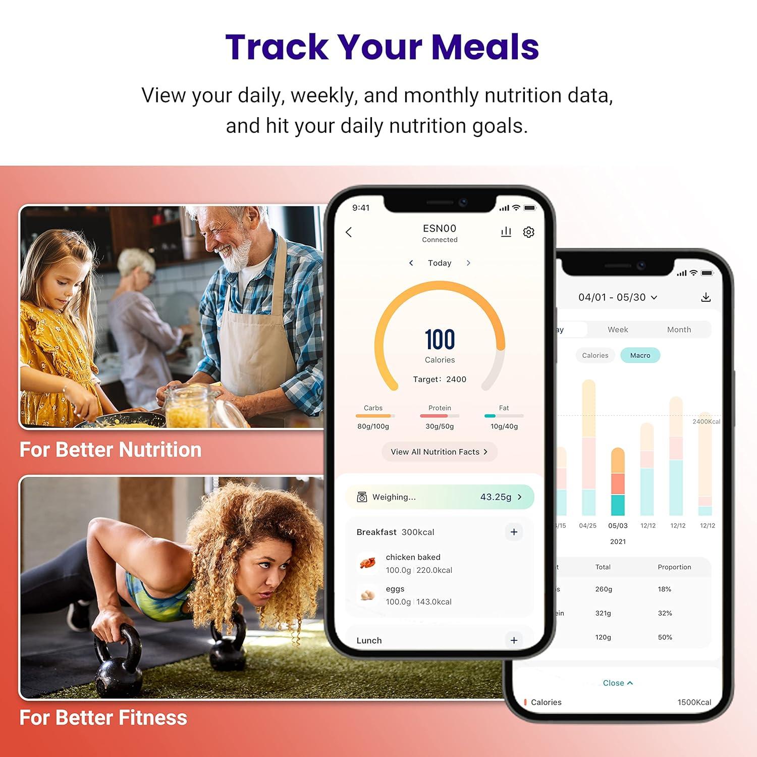 Etekcity Smart Food Kitchen Scale with Nutritional Calculator, Free App with 19 Nutrients Tracking, Calorie, Marco, Digital grams and ounces for weight loss, Premium Stainless Steel, 11lb(Luminary Stainless Steel)