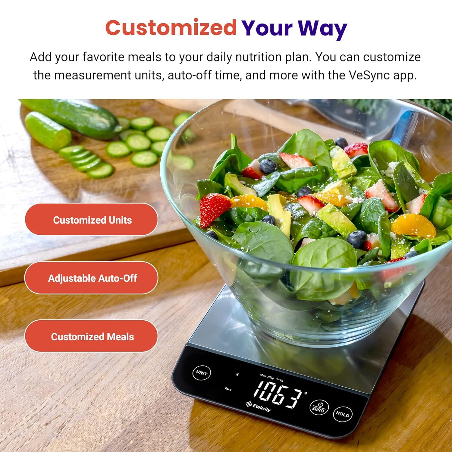 Etekcity Smart Food Kitchen Scale with Nutritional Calculator, Free App with 19 Nutrients Tracking, Calorie, Marco, Digital grams and ounces for weight loss, Premium Stainless Steel, 11lb(Luminary Stainless Steel)