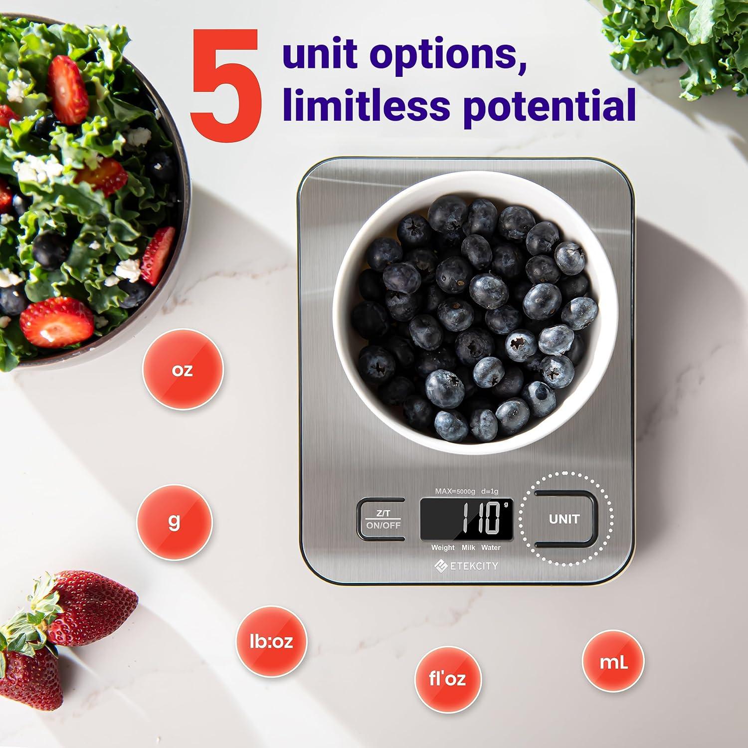 Etekcity Smart Food Kitchen Scale with Nutritional Calculator, Free App with 19 Nutrients Tracking, Calorie, Marco, Digital grams and ounces for weight loss, Premium Stainless Steel, 11lb(Stainless Steel)