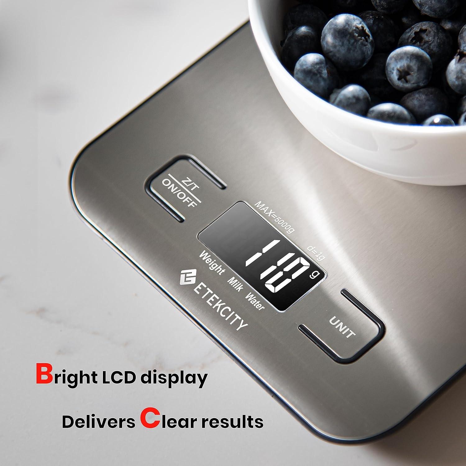 Etekcity Smart Food Kitchen Scale with Nutritional Calculator, Free App with 19 Nutrients Tracking, Calorie, Marco, Digital grams and ounces for weight loss, Premium Stainless Steel, 11lb(Stainless Steel)