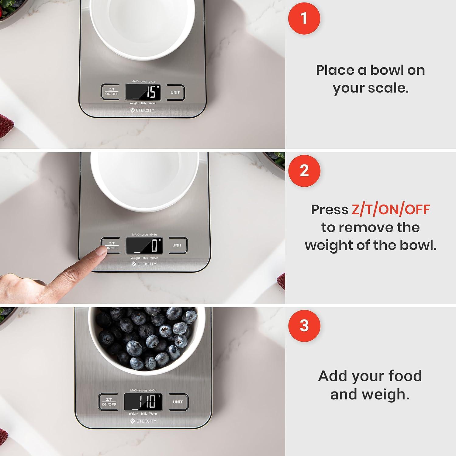 Etekcity Smart Food Kitchen Scale with Nutritional Calculator, Free App with 19 Nutrients Tracking, Calorie, Marco, Digital grams and ounces for weight loss, Premium Stainless Steel, 11lb(Stainless Steel)