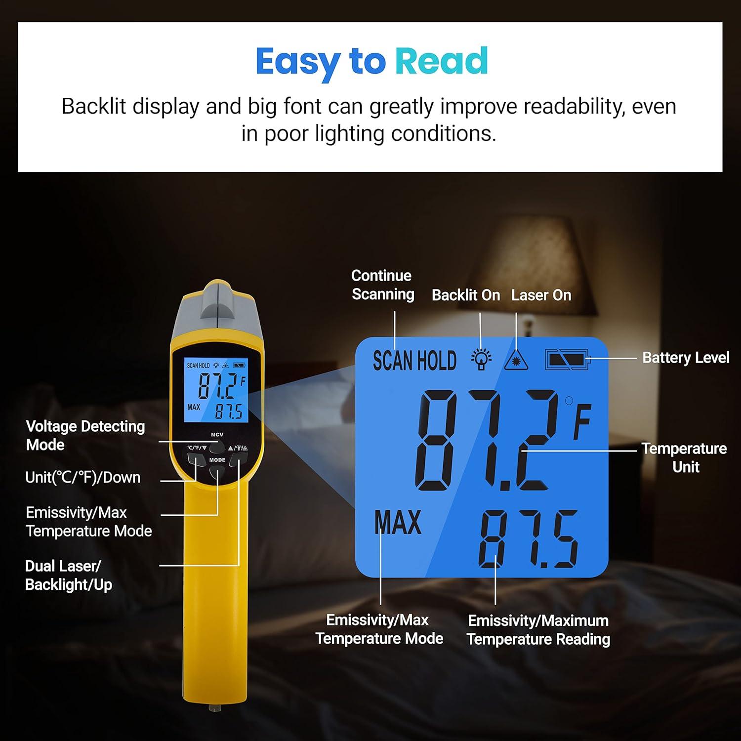 Etekcity Infrared Thermometer Upgrade 774, Heat Temperature Temp Gun for Cooking, Laser IR Surface Tool for Pizza, Griddle, Grill, HVAC, Engine, Accessories, -58°F to 842°F, Blue(Yellow 2 Laser)