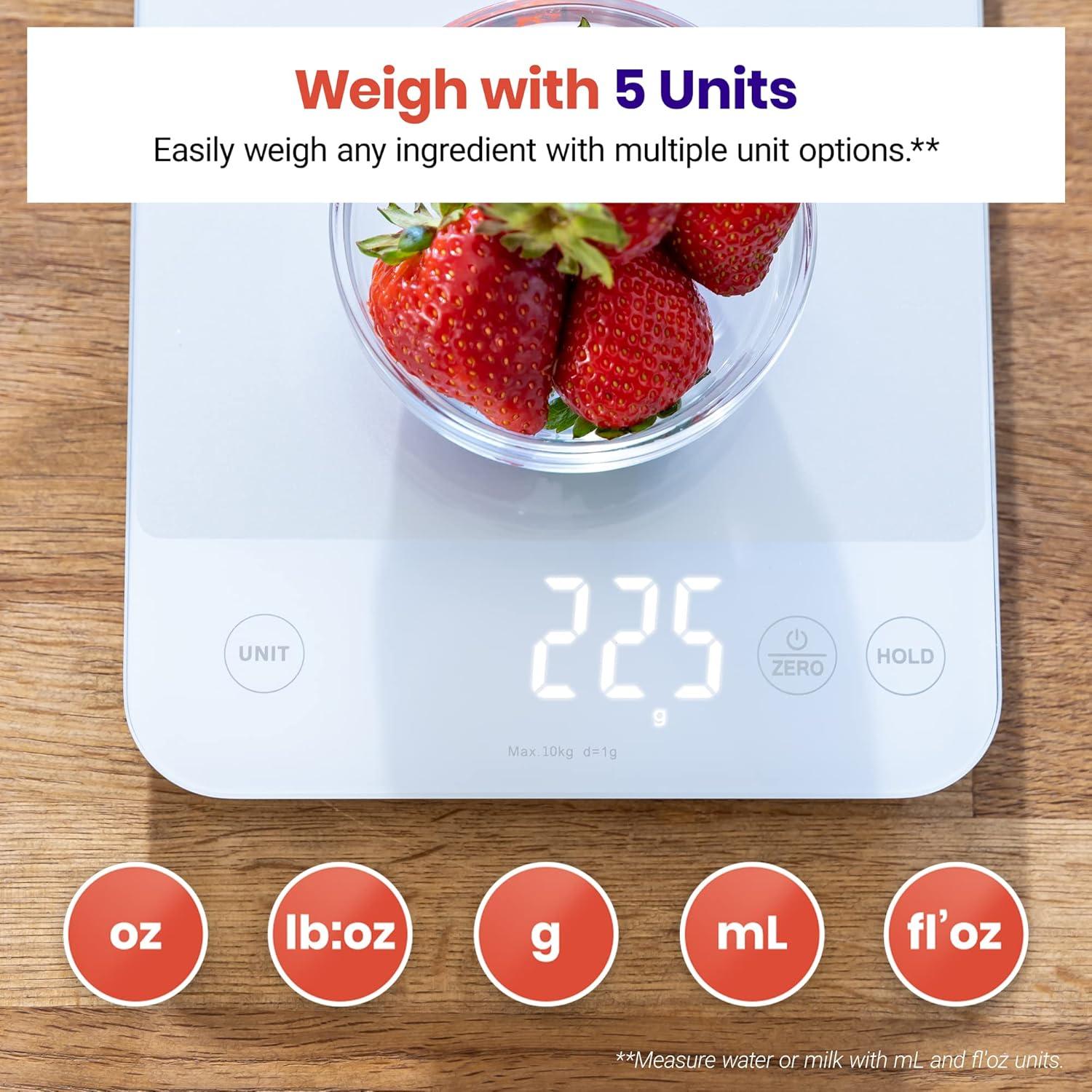 Etekcity Smart Food Kitchen Scale with Nutritional Calculator, Free App with 19 Nutrients Tracking, Calorie, Marco, Digital grams and ounces for weight loss, Premium Stainless Steel, 11lb(Achromatic White)